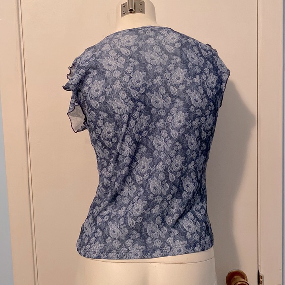 Blue / White Floral Cap Sleeve Wrap Style Top - Picture 2 of 6